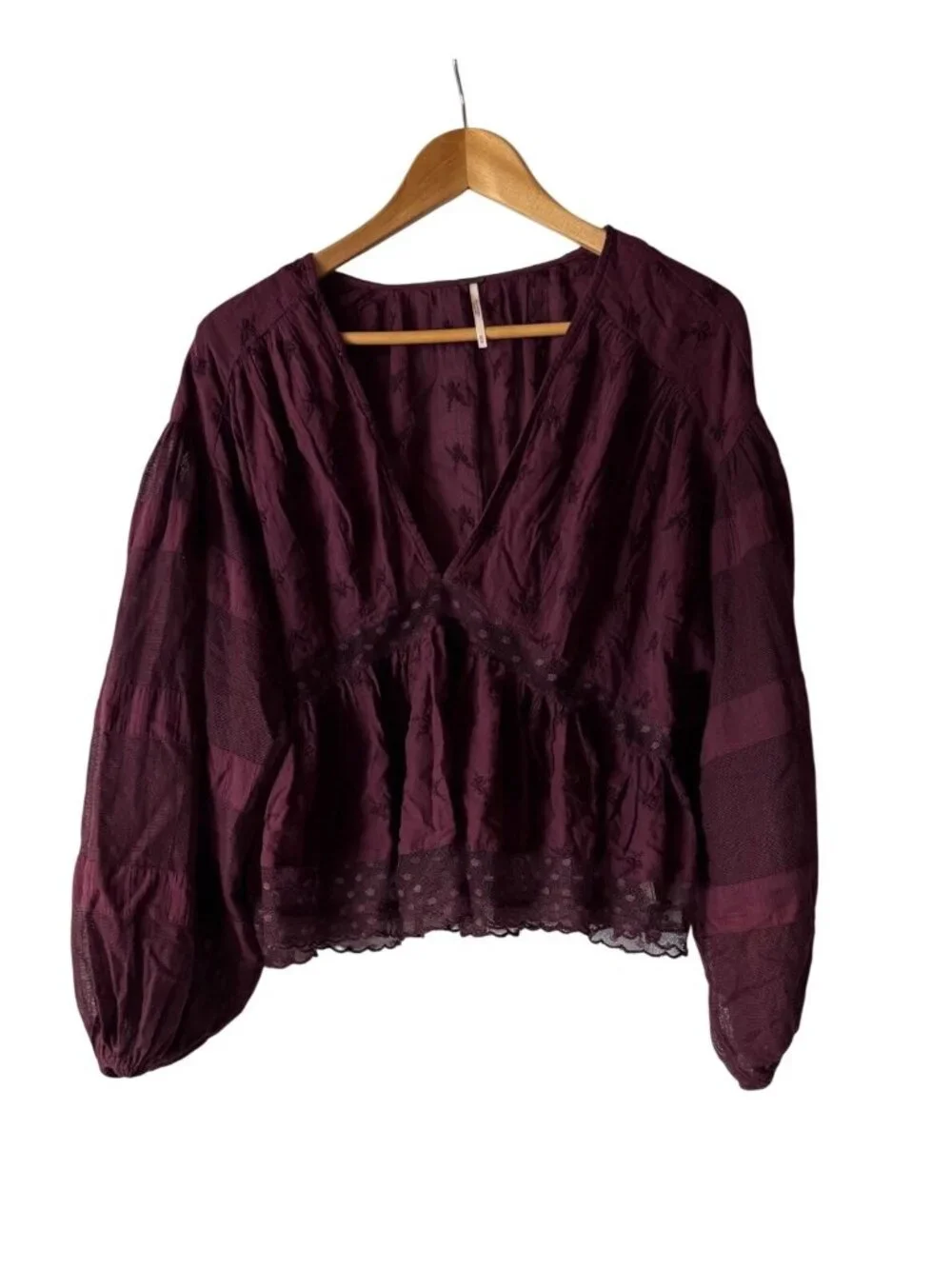 Free People Sheer Embroidered Boho Peplum Blouse With Lace Hem & V-Neck